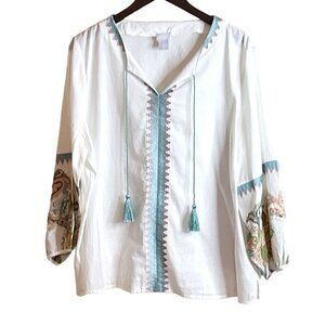 Chico's Women's Boho Style Tassel Tie Embroidered Sleeve Top Ivory Teal Pink Siz